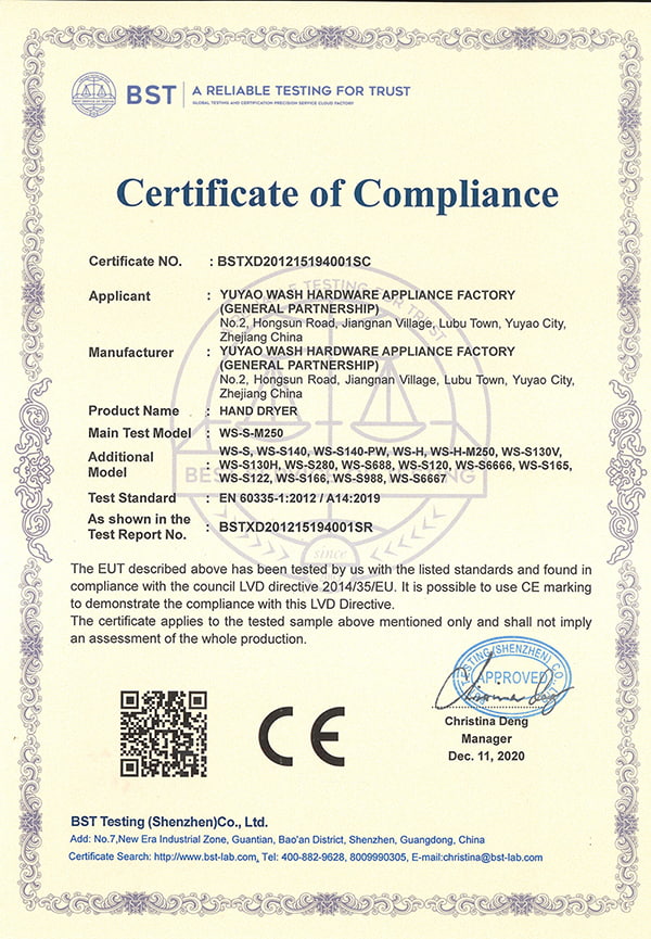 Hand Dryer CE LVD Certificate